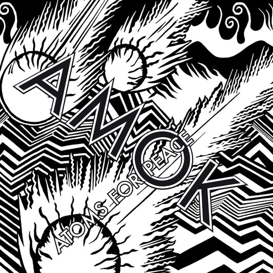 Stylized black and white graphic design featuring the word ’AMOK’ with abstract geometric patterns and shapes.