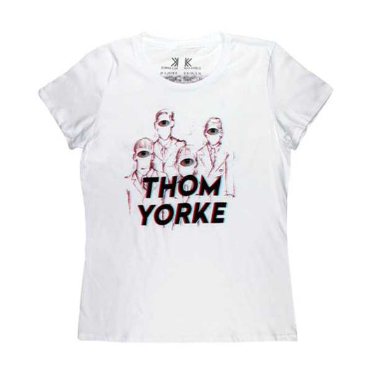 White t-shirt with a Thom Yorke graphic design featuring stylized figures and text.