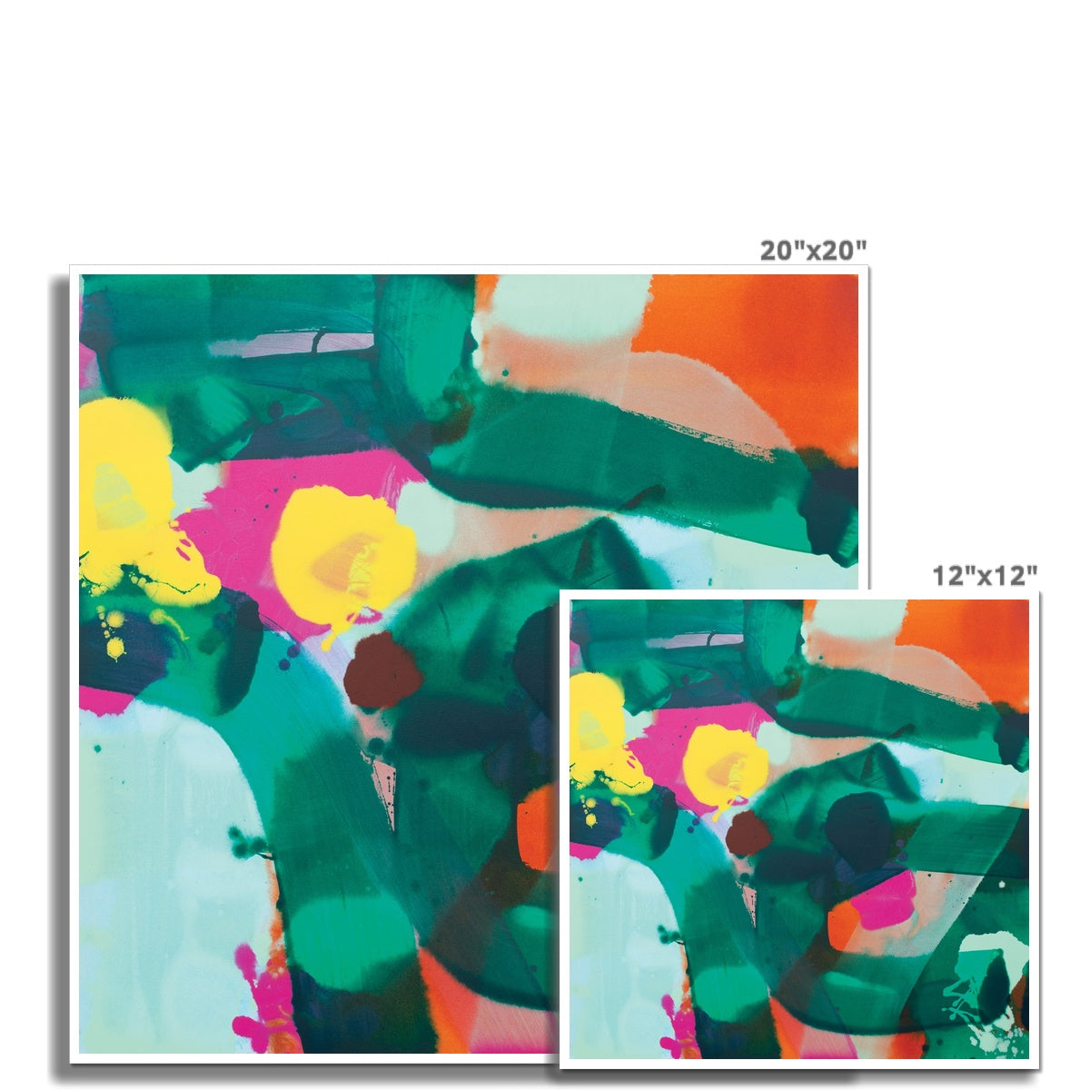 Abstract painting featuring vibrant splashes of green, yellow, pink, and orange colors.