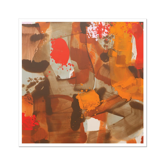 Abstract painting featuring warm orange, red, and brown shapes and splatters.