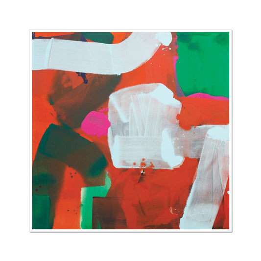 Abstract painting with bold red, white, and green color blocks.