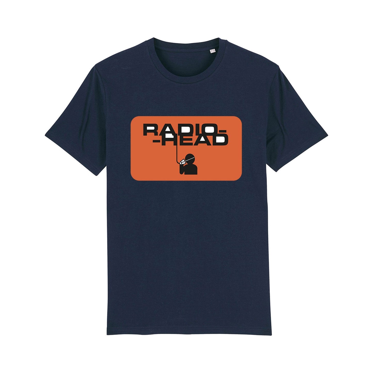 Navy blue t-shirt with an orange rectangular graphic featuring the text ’RAPID’ and a small icon.