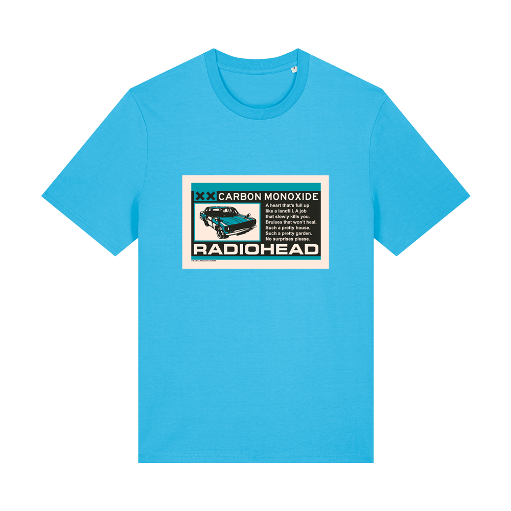 Bright blue t-shirt with a Radiohead ’Carbon Monoxide’ graphic on the front.