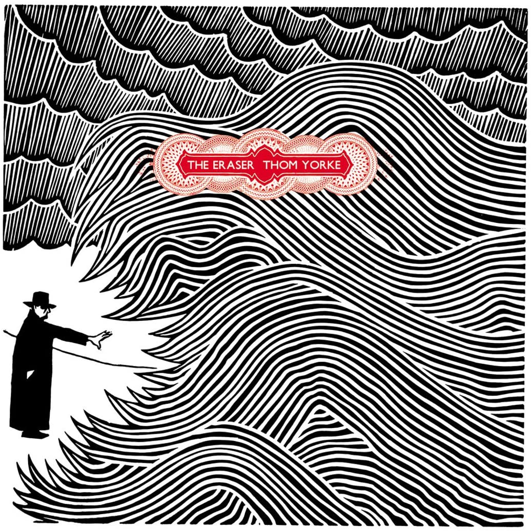 Album cover featuring a silhouetted figure against a swirling, striped pattern with a red text banner.