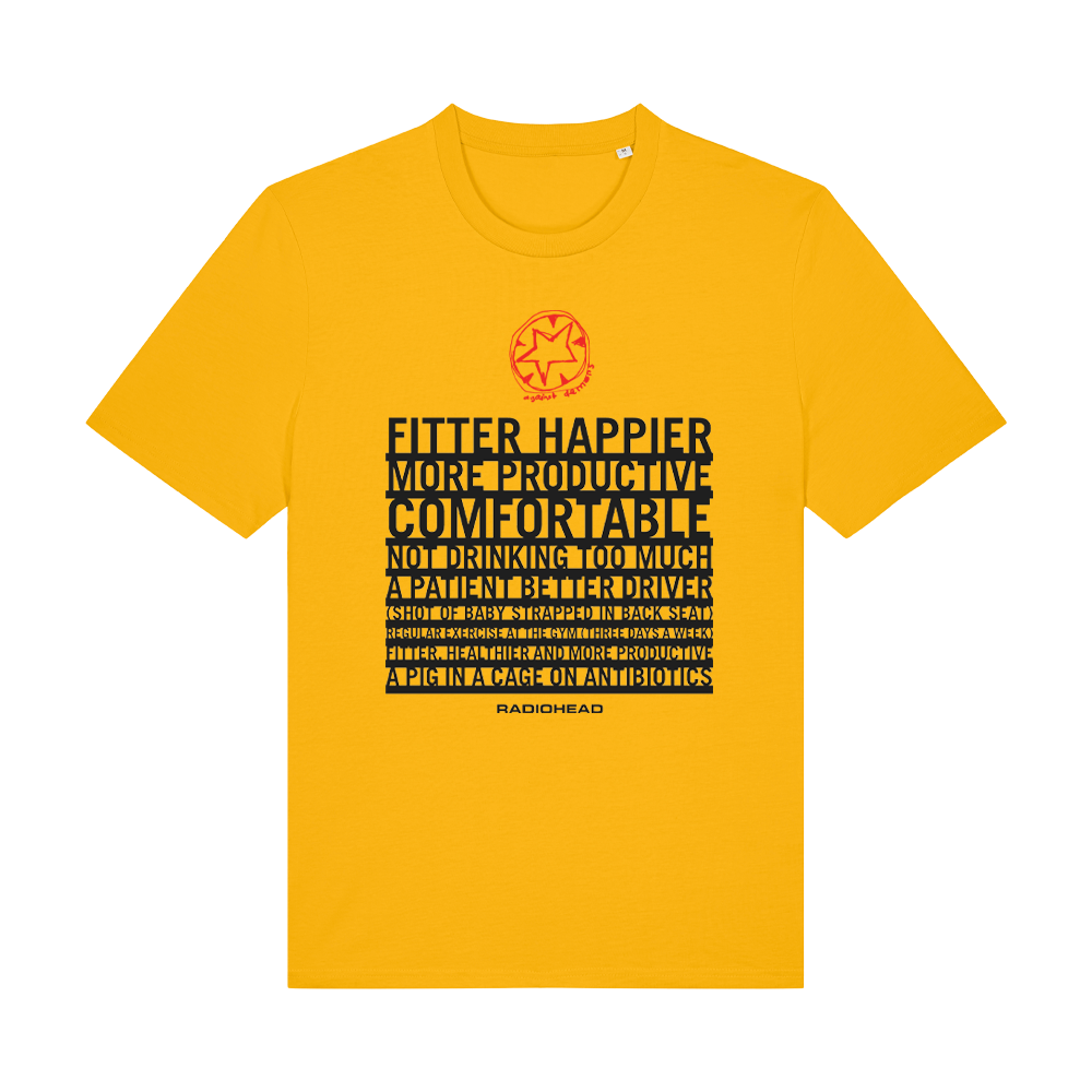 Yellow t-shirt with black text and a small orange logo.