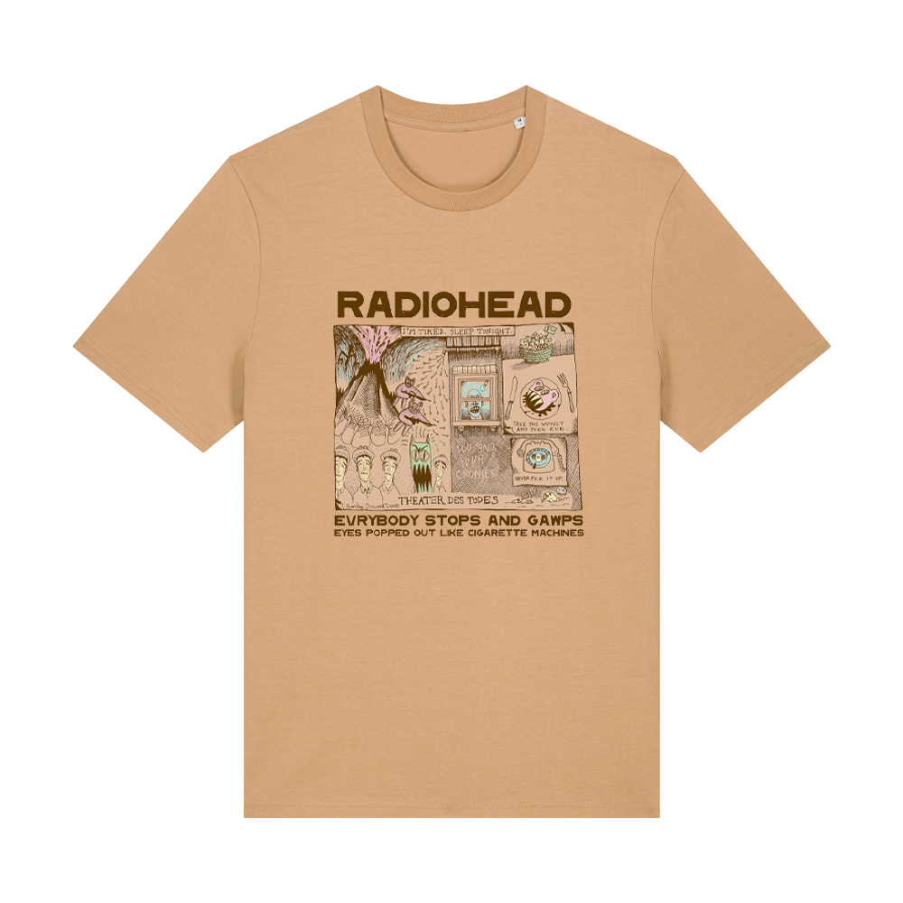 Beige t-shirt featuring a Radiohead album cover design.