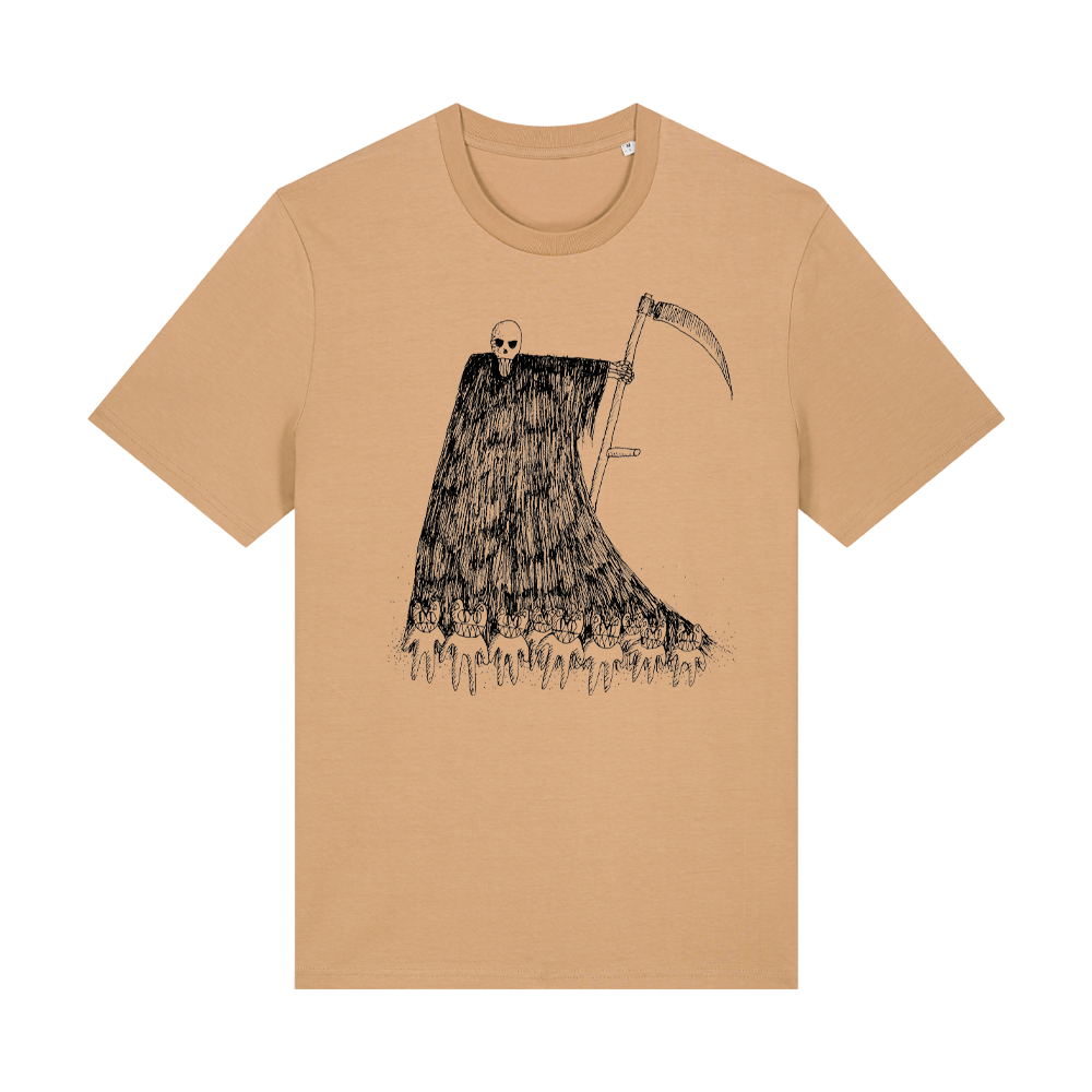 Beige t-shirt with a dark illustration of a grim reaper figure.