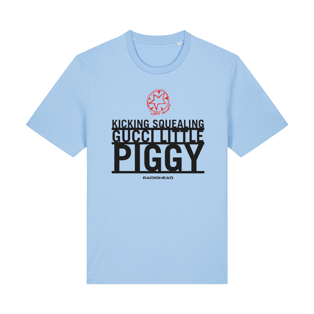 Light blue t-shirt with ’Kicking Squealing Gucci Little Piggy’ text and a pink pig design.