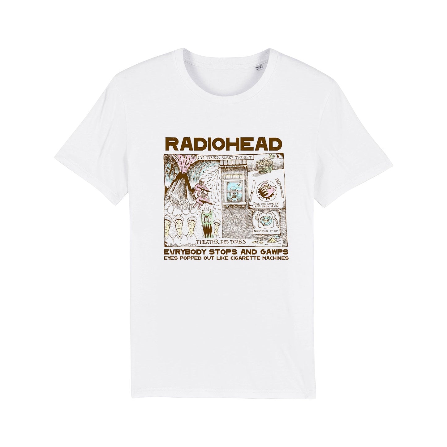 White t-shirt featuring Radiohead album artwork.