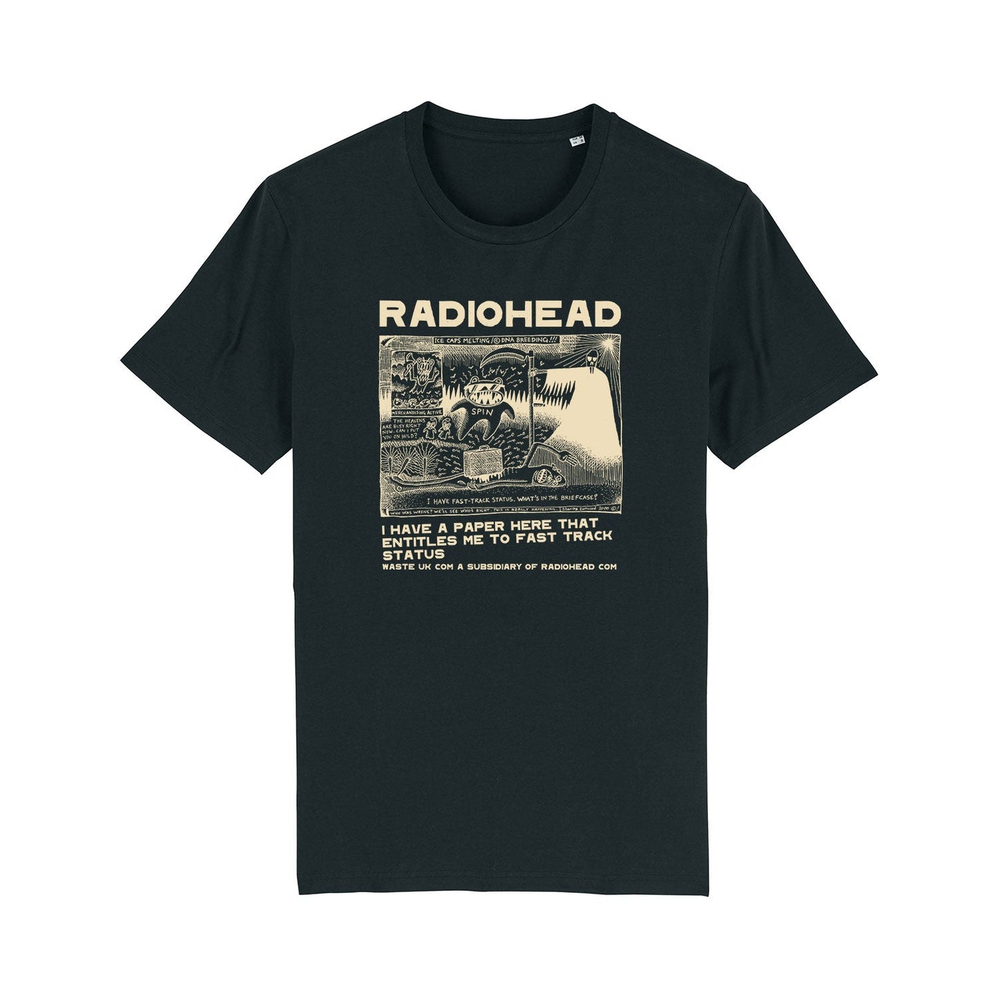 Black t-shirt featuring a Radiohead album cover design.