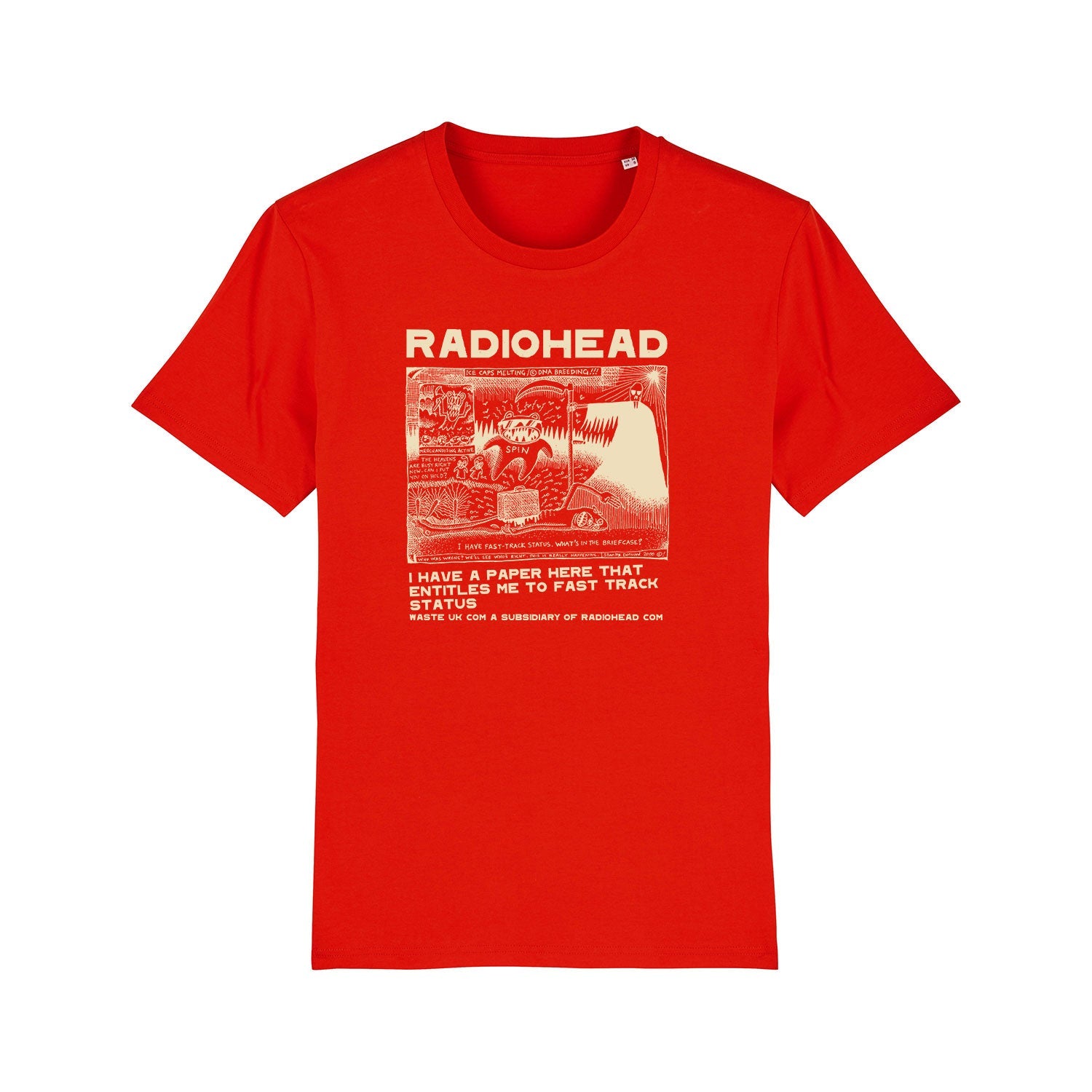 Red t-shirt with Radiohead band artwork printed on the front.