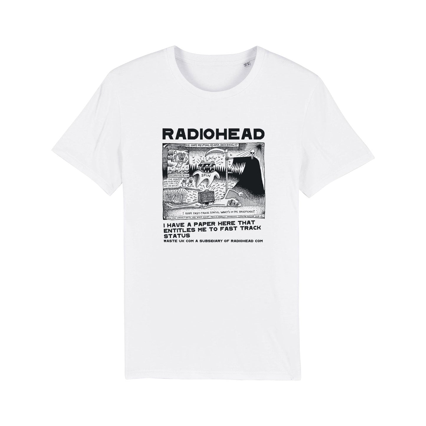 White t-shirt with a Radiohead graphic print on the front.