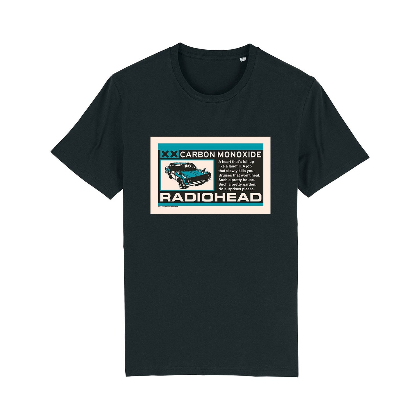 Black t-shirt featuring a Radiohead ’Carbon Monoxide’ graphic design.