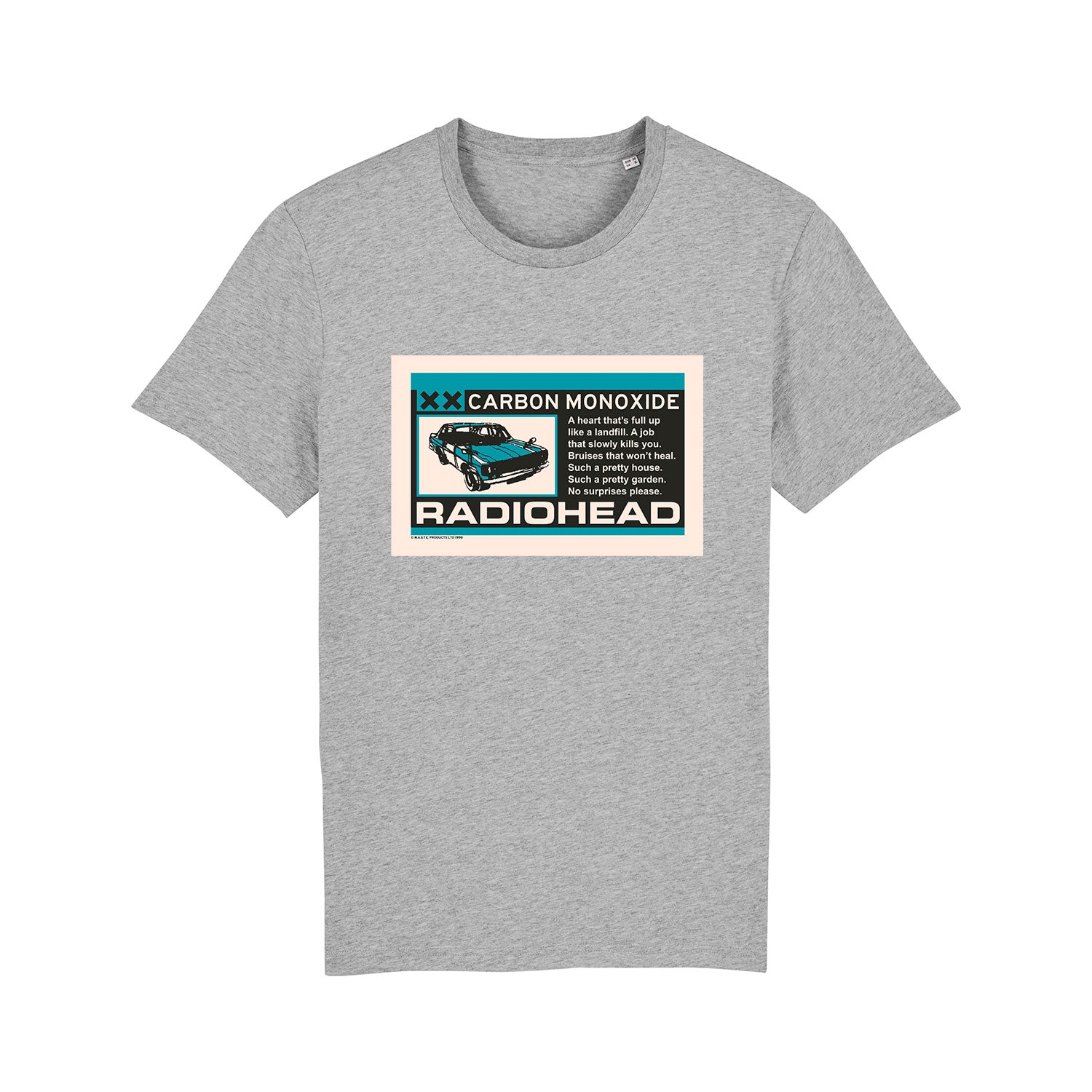 Gray t-shirt featuring a Radiohead ’Carbon Monoxide’ graphic design on the front.