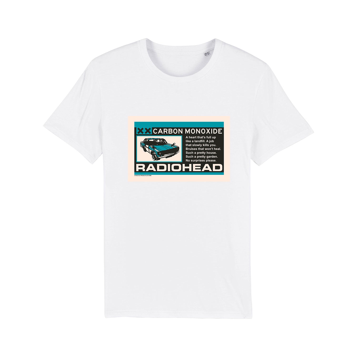 White t-shirt featuring a Radiohead ’Carbon Monoxide’ graphic design.