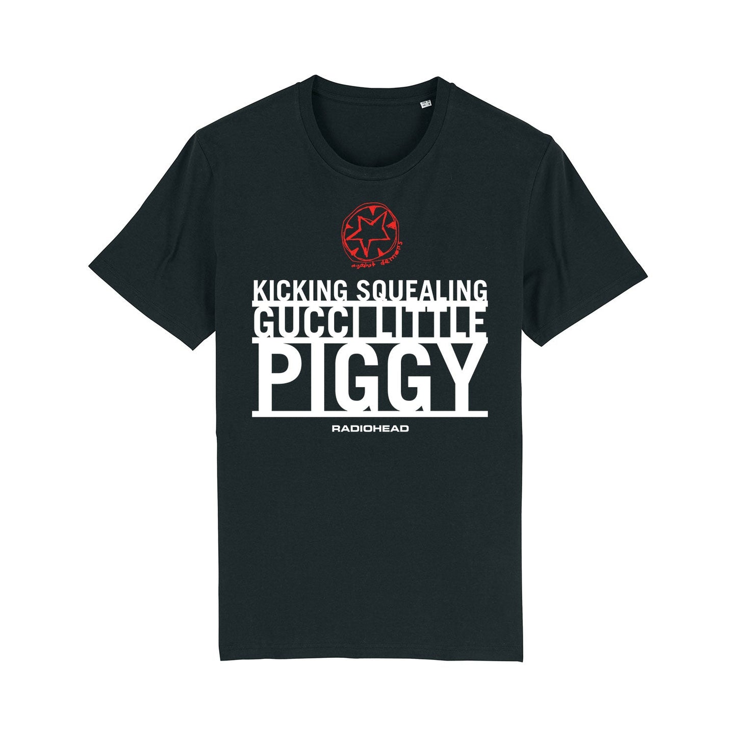 Black t-shirt with white text and a red pig icon design.