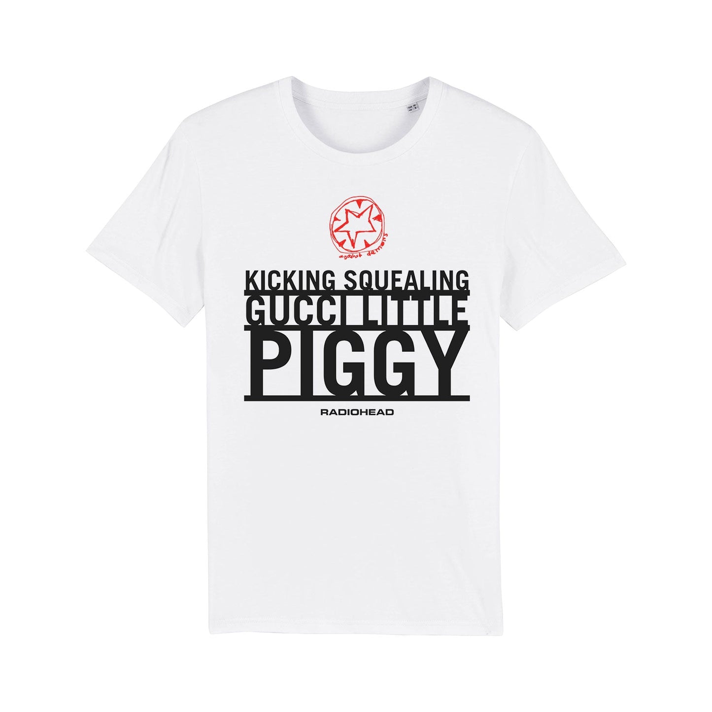 White t-shirt with black text and a red circular design featuring pig silhouettes.