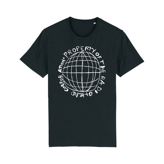 Black t-shirt with a white globe design and circular text reading ’Property of the Planet Earth’.