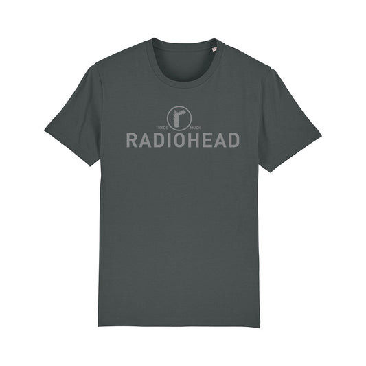 Dark gray t-shirt with ’RADIOHEAD’ text and a small logo printed on the front.