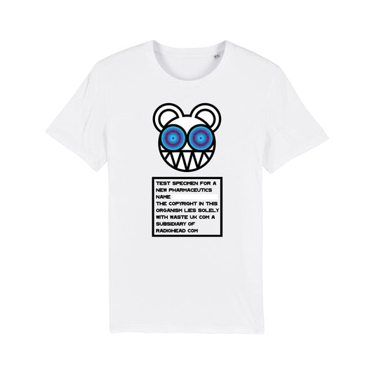 White t-shirt featuring a cartoon bear face design and text block.