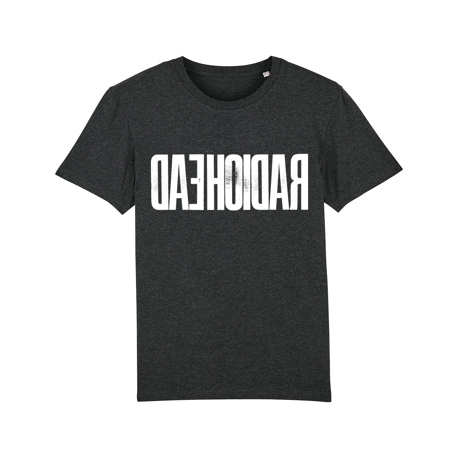 Dark gray t-shirt with white reversed text ’RADIOHEAD’ printed on the front.