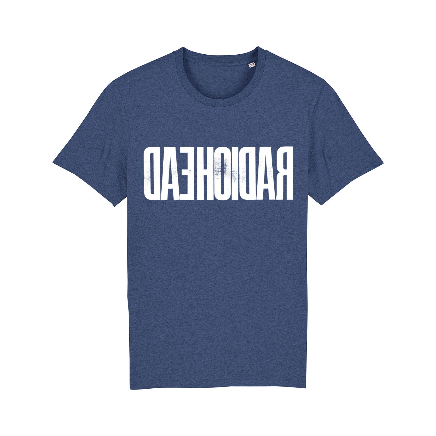 Navy blue t-shirt with white reversed text reading ’RADIOHEAD’.