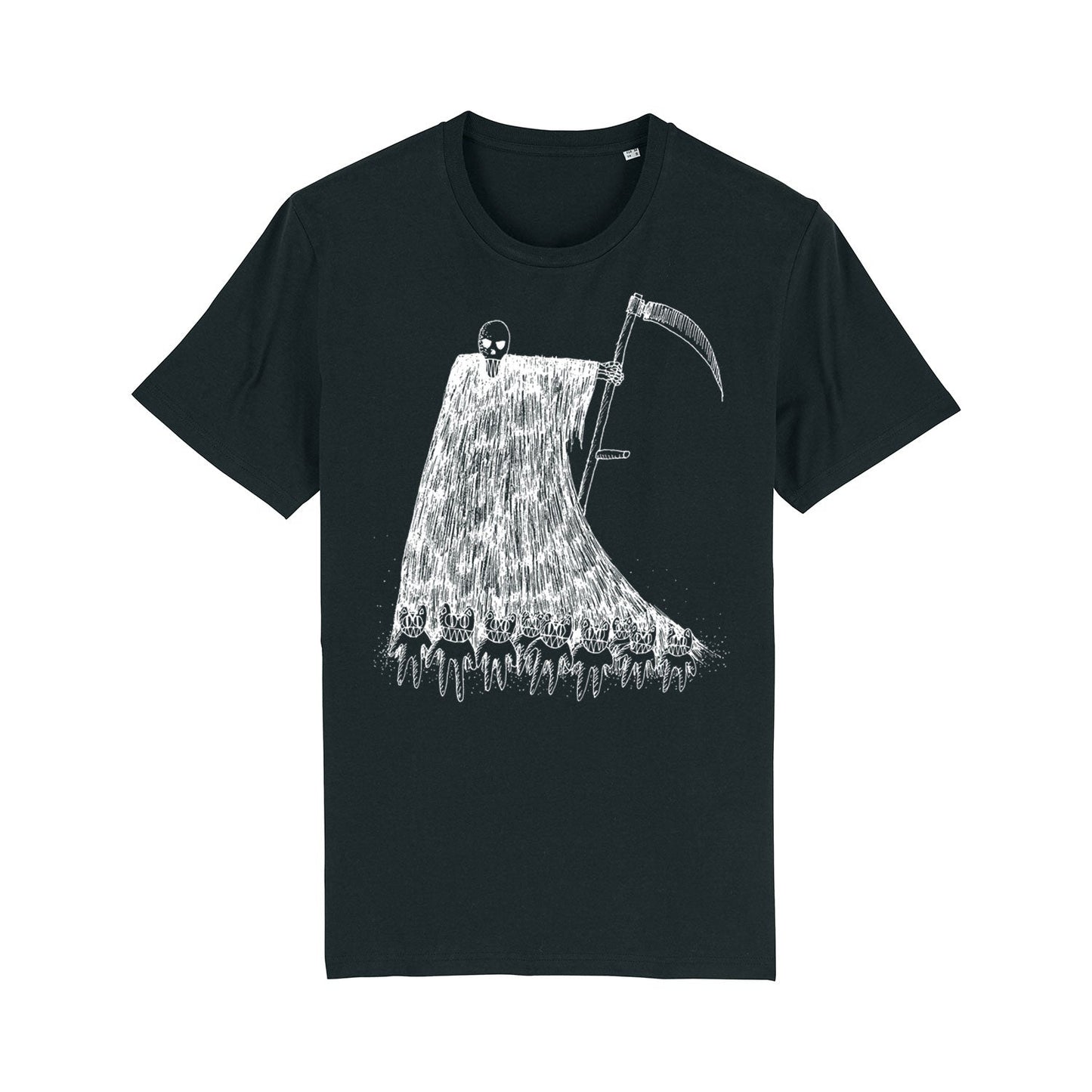 Black t-shirt with a white graphic design depicting a cloaked figure holding a scythe over a crowd of smaller figures.