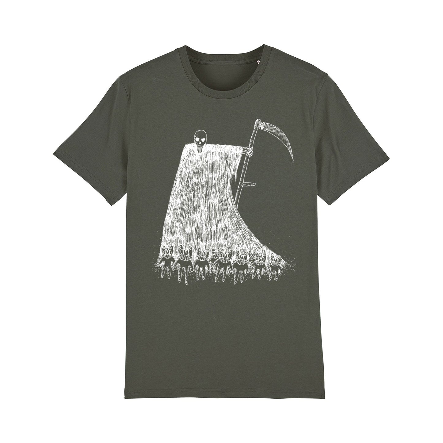 Dark green t-shirt with a white graphic design depicting a cloaked figure holding a scythe.