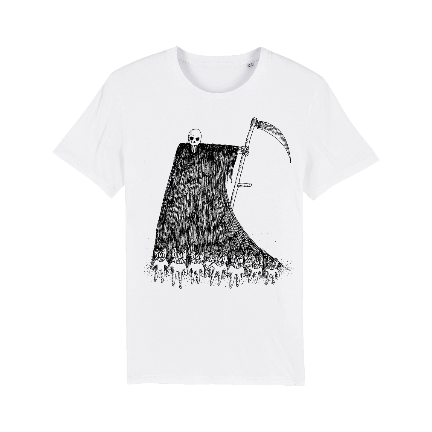 White t-shirt with a black and white illustration of a grim reaper figure.