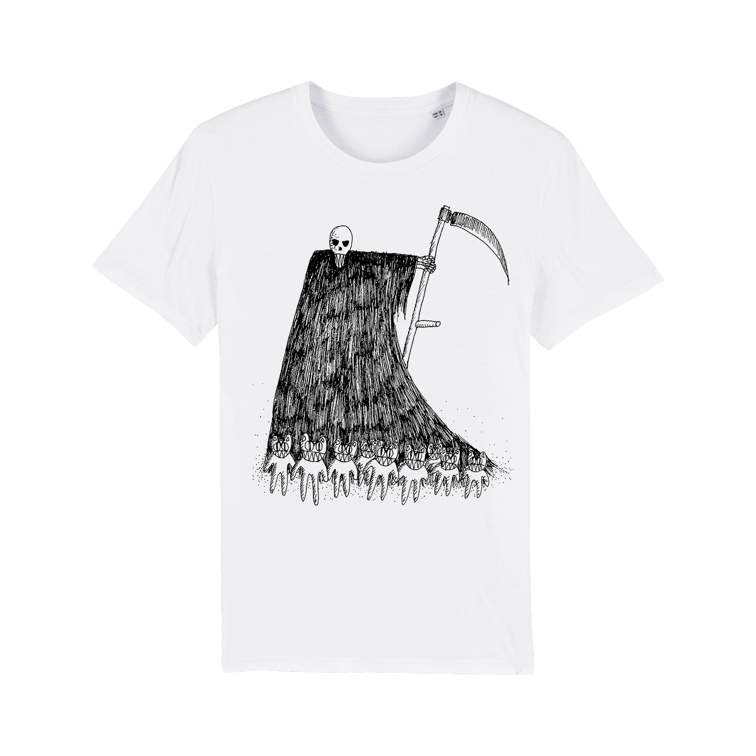 White t-shirt with a black and white illustration of a grim reaper figure.