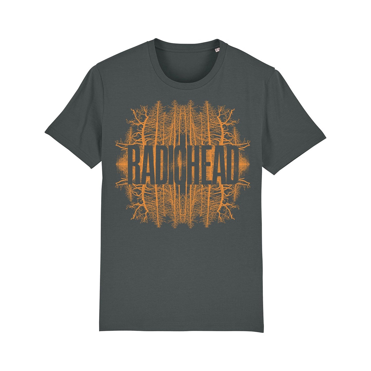 Dark gray t-shirt featuring an orange Radiohead logo design with abstract tree-like patterns.