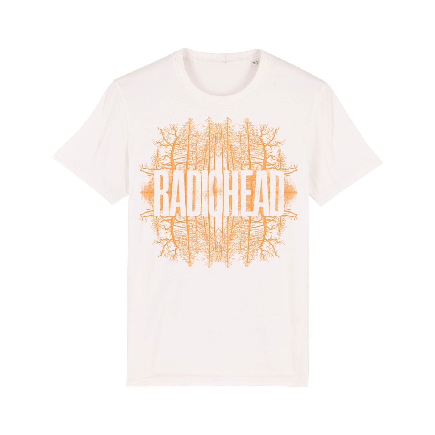 White t-shirt with ’RADIOHEAD’ printed in orange abstract design.