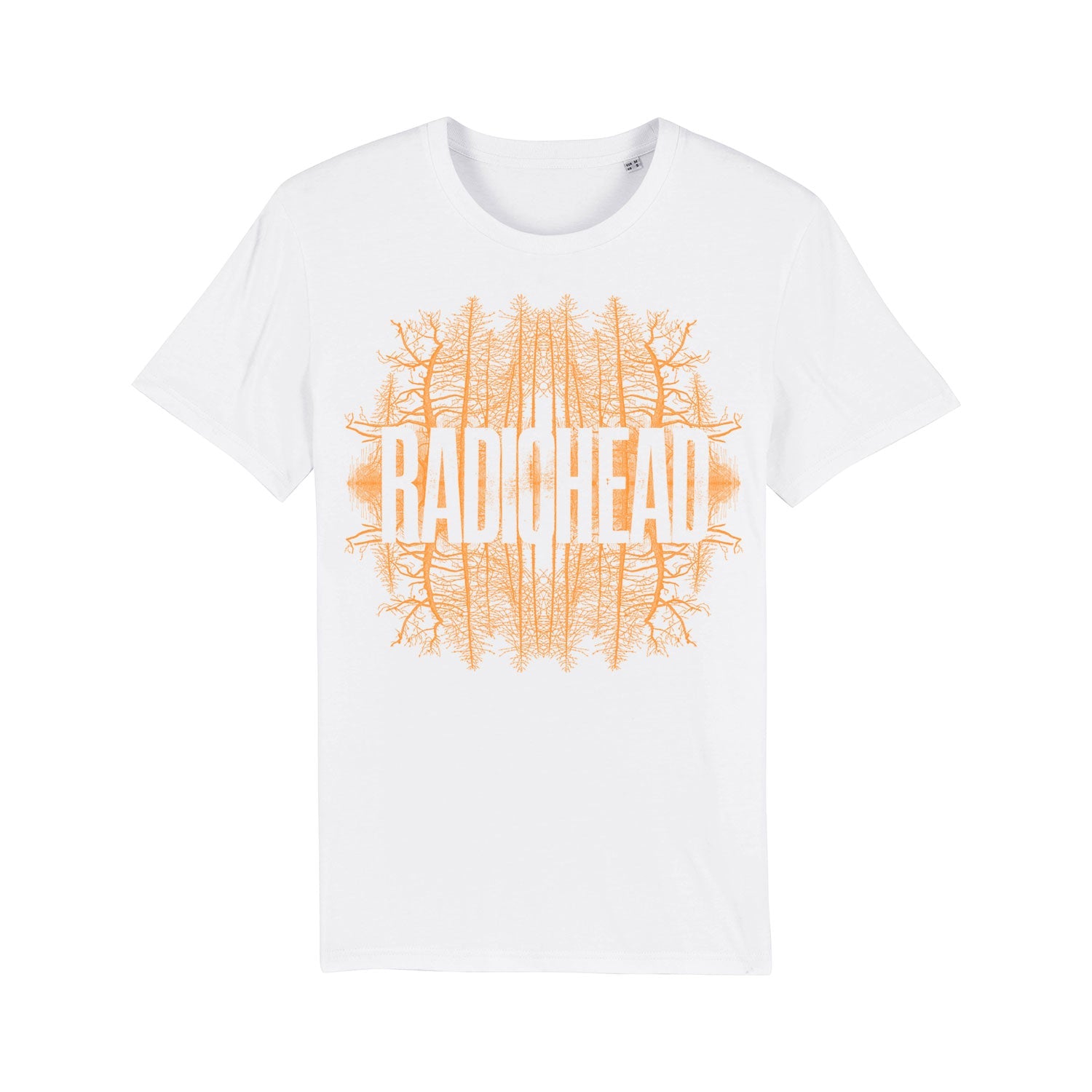 White t-shirt with orange ’RADIOHEAD’ text and abstract design.