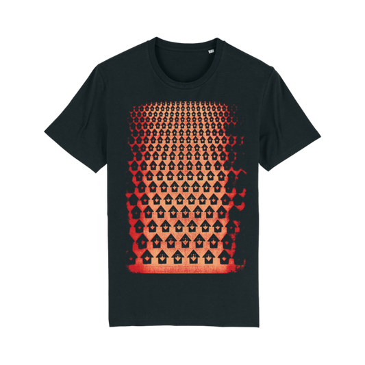 Black t-shirt with a red and orange geometric pattern featuring repeating house shapes.