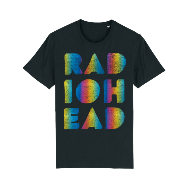 Black t-shirt with colorful ’RADIOHEAD’ text printed on the front.