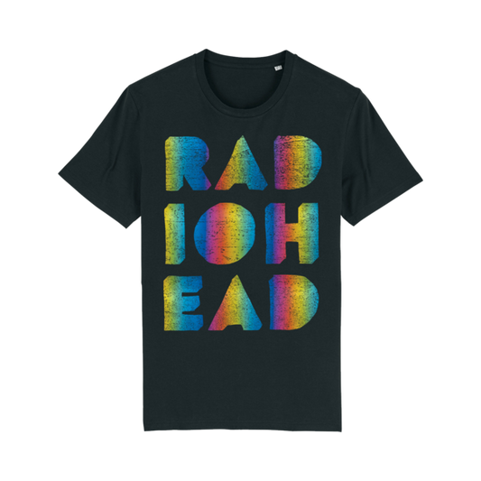 Black t-shirt with colorful ’RADIOHEAD’ text printed on the front.