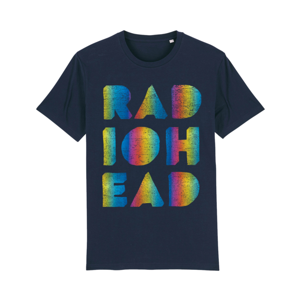 Navy blue t-shirt with colorful ’RADIOHEAD’ text printed on the front in a rainbow gradient effect.