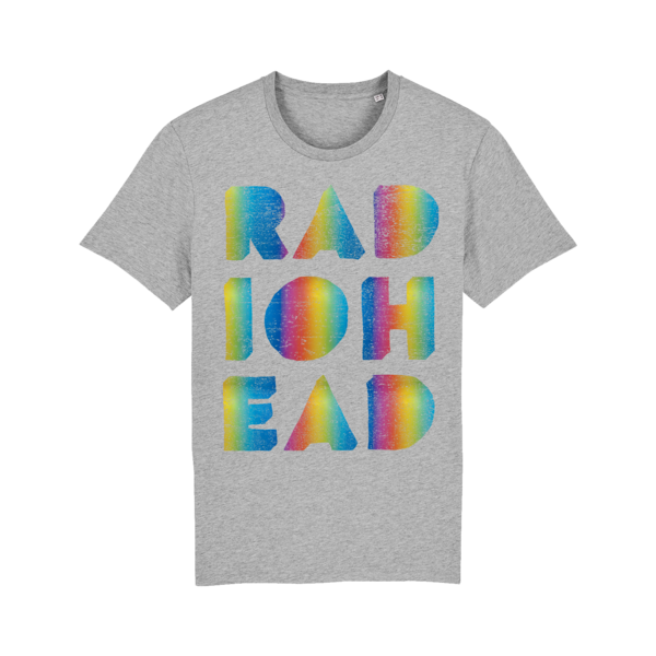 Gray t-shirt with colorful ’RADIOHEAD’ text printed on the front in a rainbow gradient.