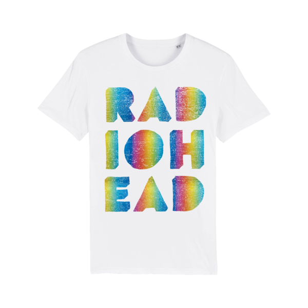 White t-shirt with colorful rainbow text spelling ’RADIOHEAD’.