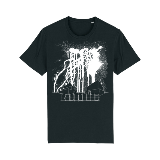 Black t-shirt with a white graphic design featuring an abstract cityscape and splatter effect.