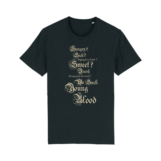 Black t-shirt with ornate gothic-style text printed on the front.