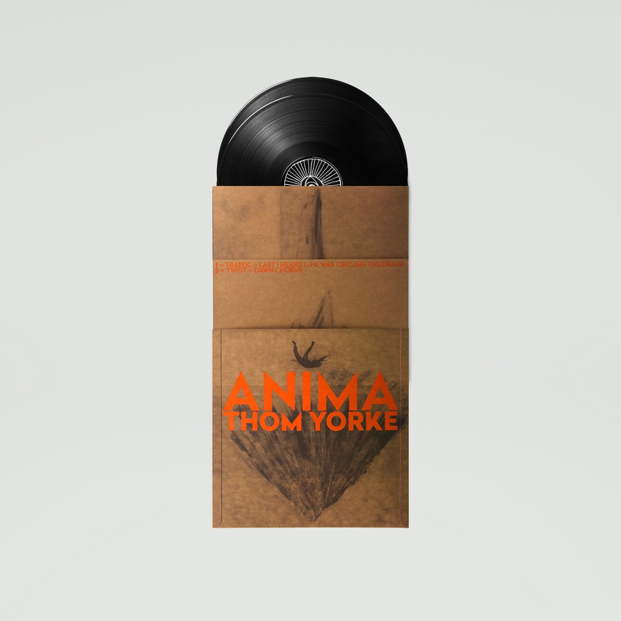 Vinyl record album partially visible in a brown paper sleeve with orange text ’ANIMA’ on it.