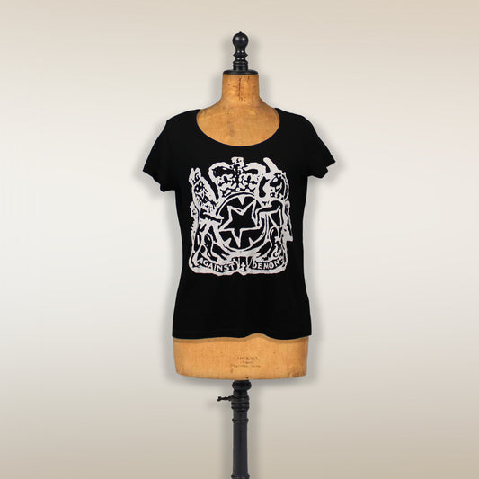 Black t-shirt with a white coat of arms design on the front, displayed on a dress form.